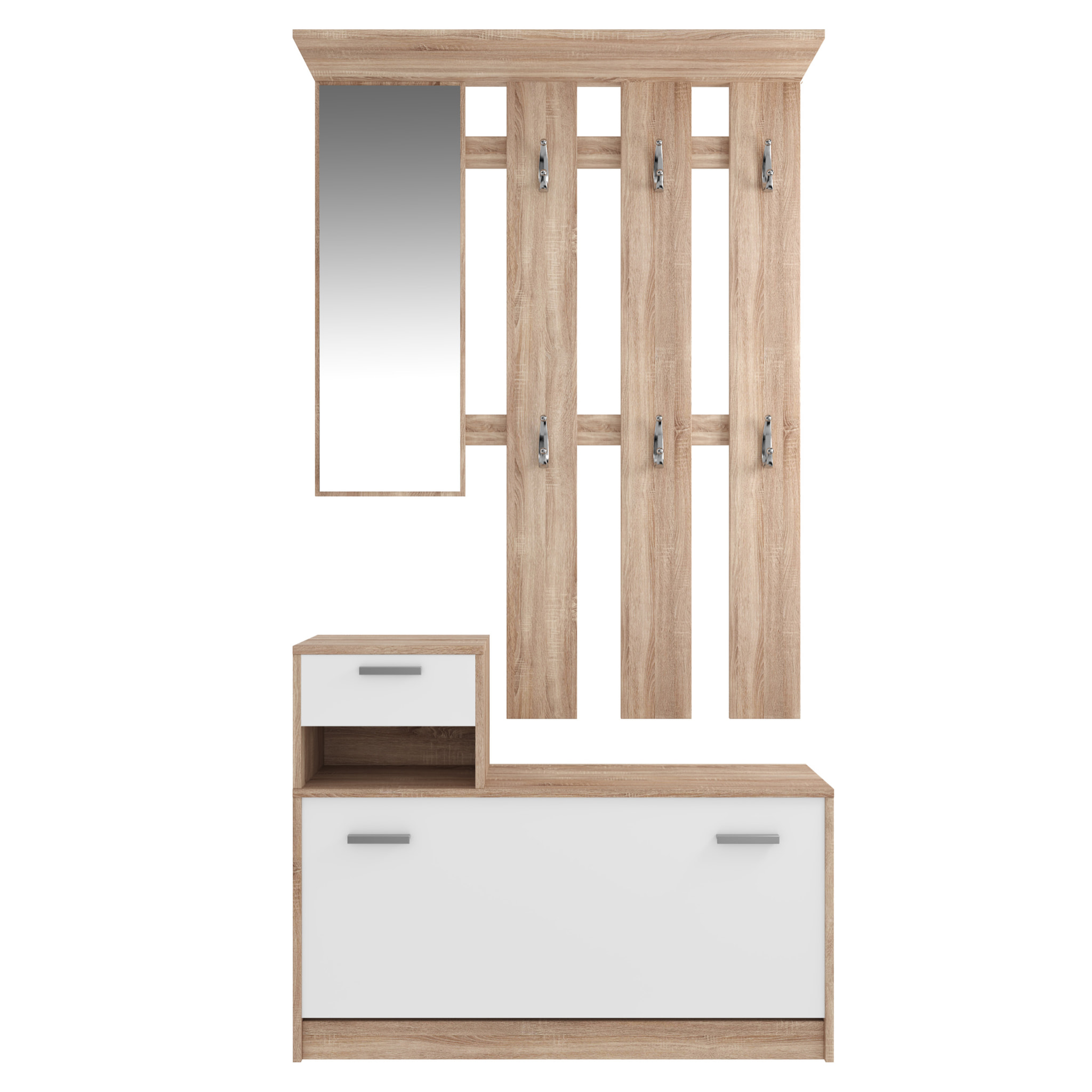 Mobile Belem Mobiletto da Ingresso con Scarpiera Appendiabiti e Specchio Arredo Arredamento Corridoio Entratina 97 x 35 x 25 cm (Bianco e Quercia)