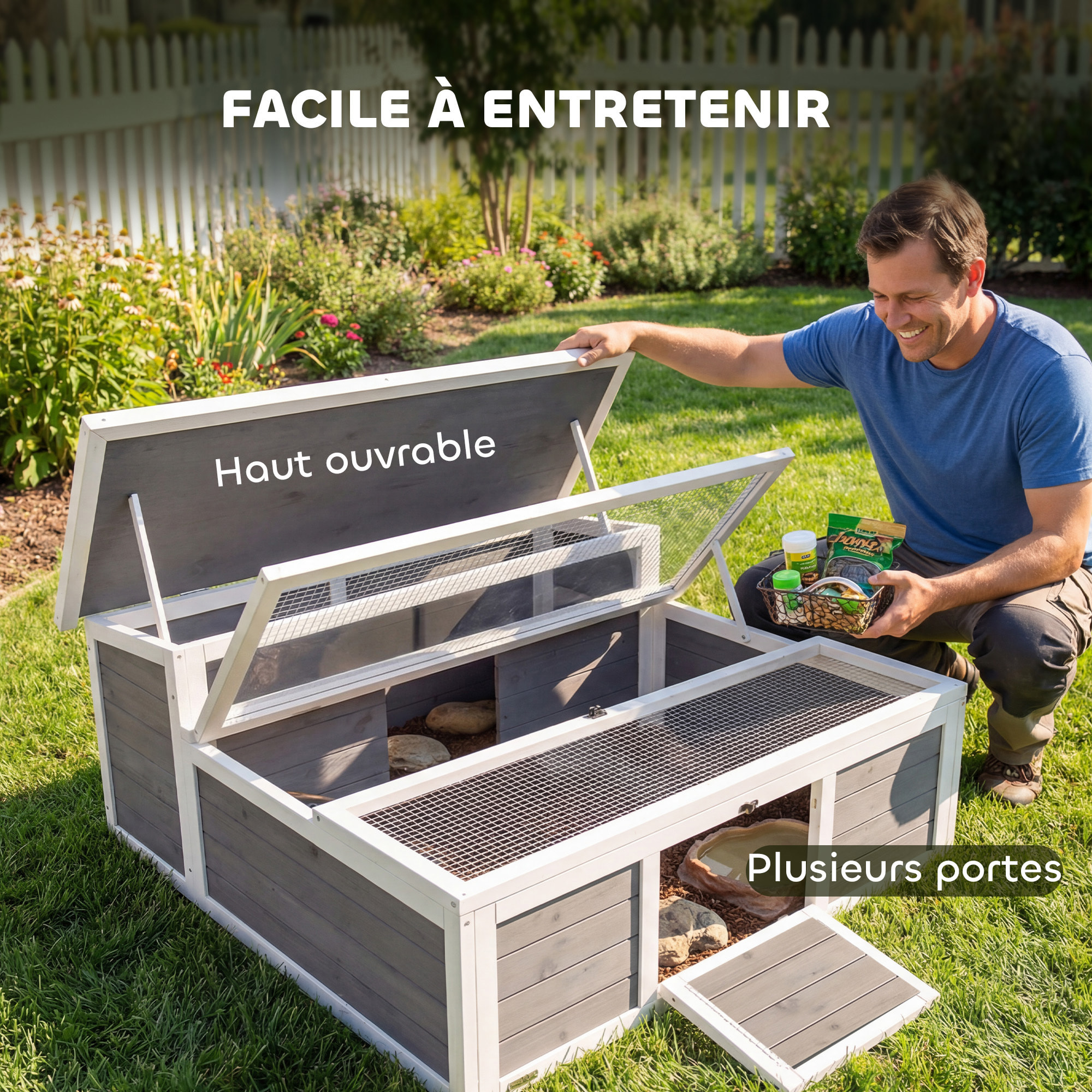 Enclos tortue maison tortue dim. 113x106,5x44cm niche couverte porte blanc gris