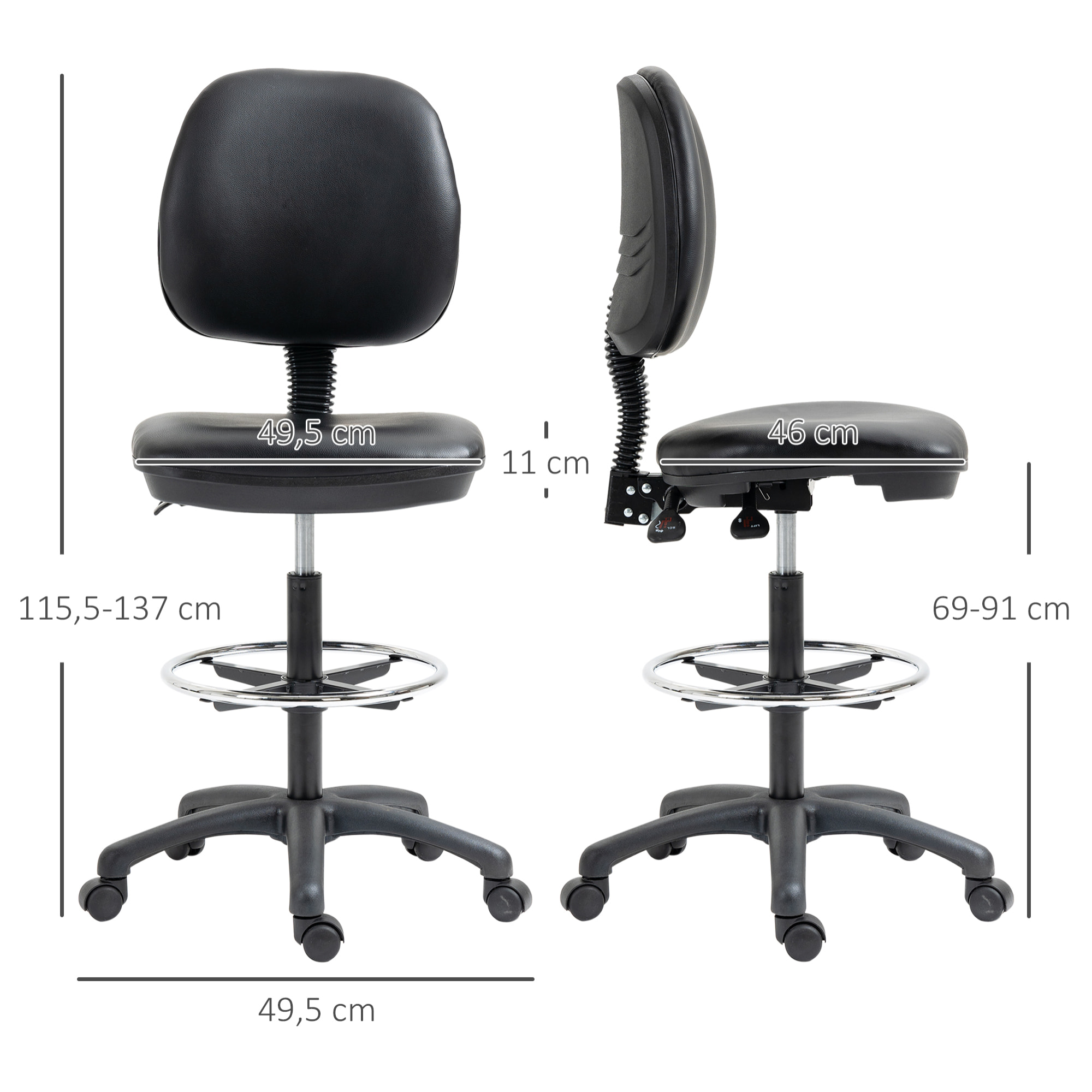 Tabouret à roulettes réglable en hauteur 69-91 cm avec dossier inclinable et repose-pieds réglable