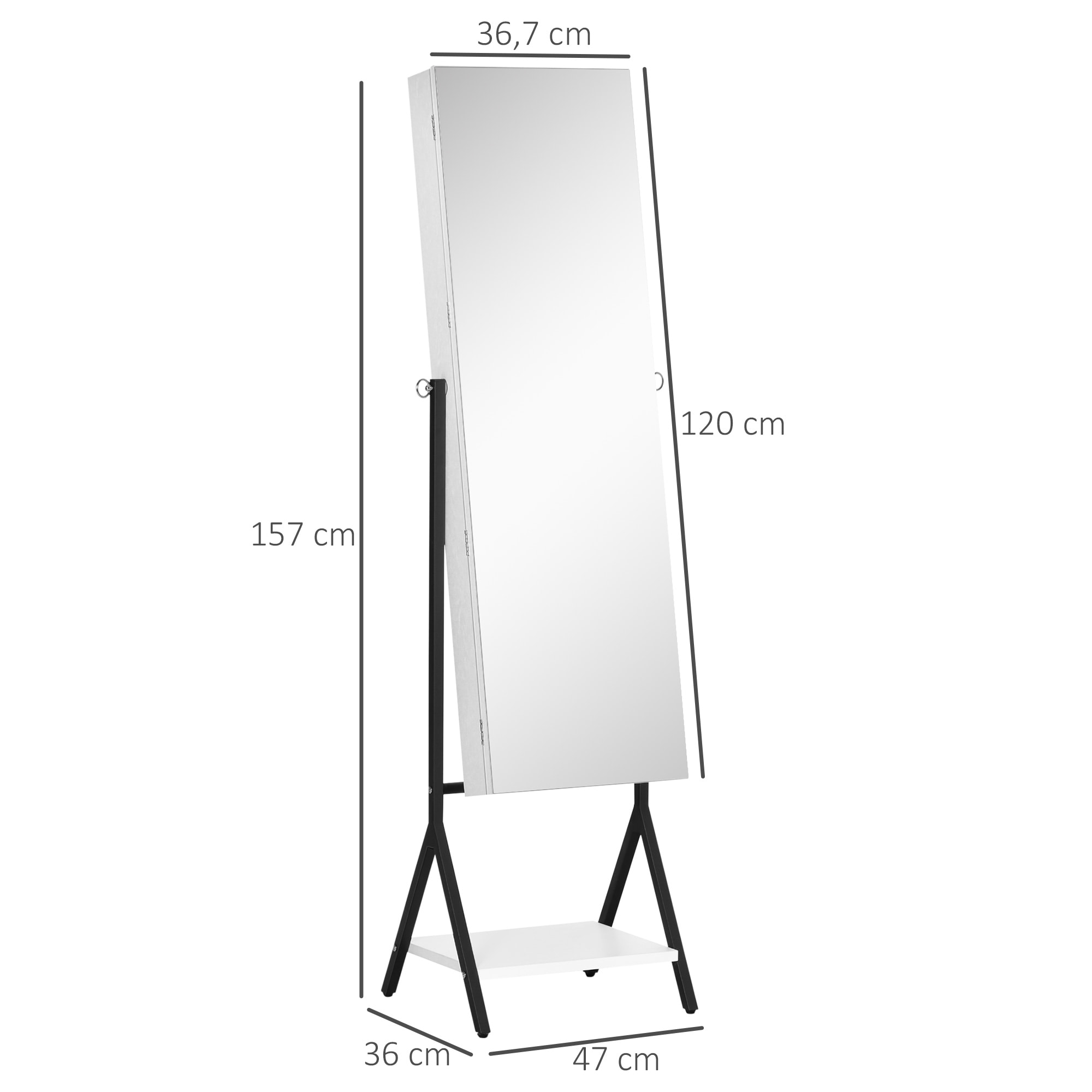 HOMCOM Espejo Joyero de Pie Cuerpo Entero Ajustable en Ángulo Armario de Joyería con Estante Inferior Cerradura Magnética Ranuras y Cajas para Joyas 47x36x157 cm Blanco y Negro