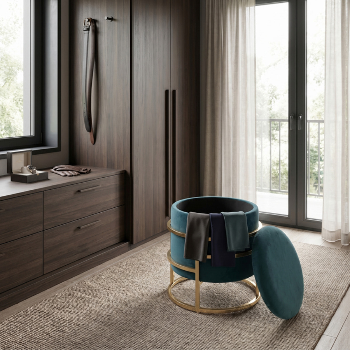 Pouf Contenitore Rotondo in Velluto con Coperchio e Base in Acciaio Dorata, Seduta Imbottita con Vano Contenitore dallo Stile Elegante per Soggiorno, Camera da Letto e Ingresso