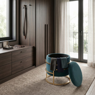Pouf Contenitore Rotondo in Velluto con Coperchio e Base in Acciaio Dorata, Seduta Imbottita con Vano Contenitore dallo Stile Elegante per Soggiorno, Camera da Letto e Ingresso