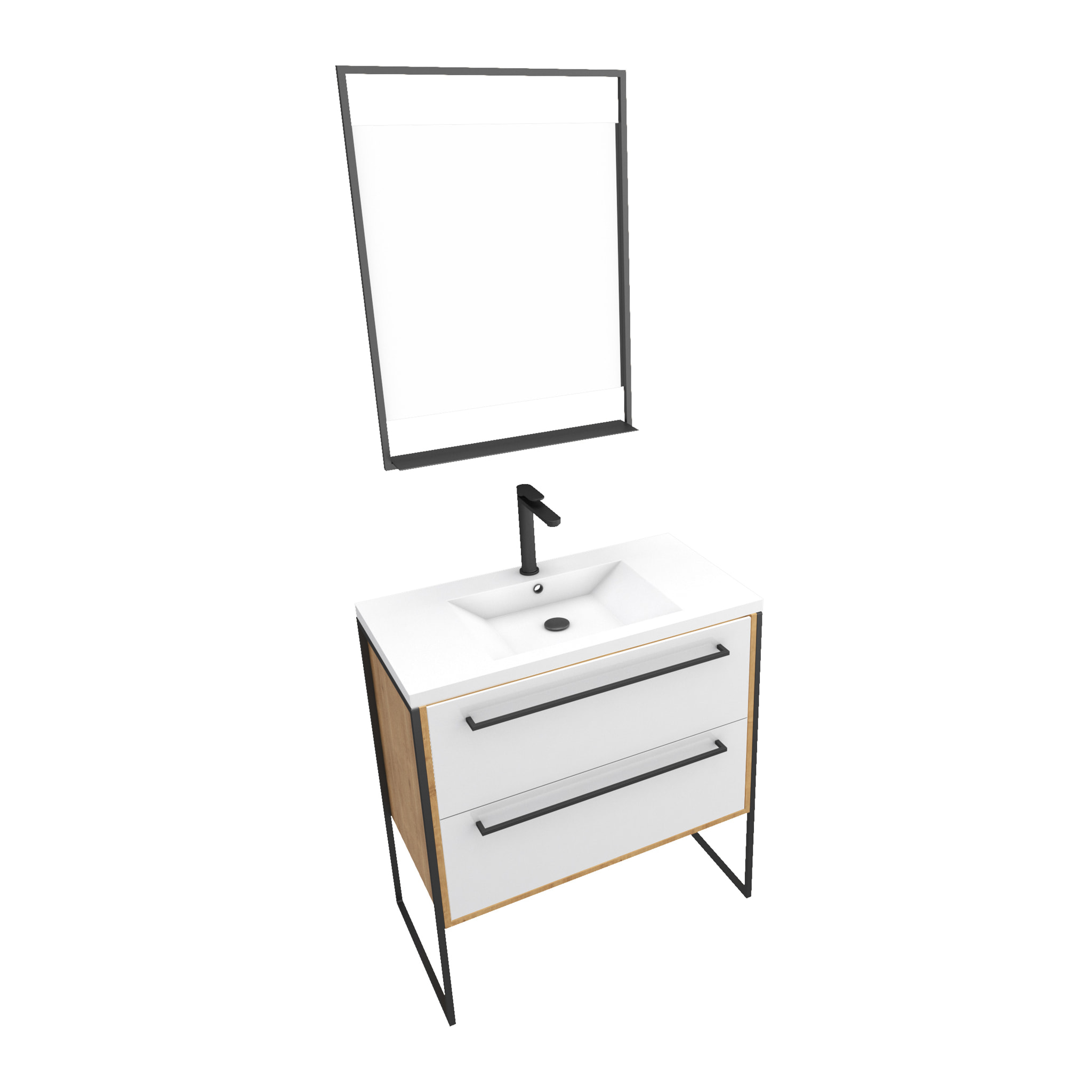 Ensemble de salle de bain blanc 80cm+ vasque en resine blanche 80x50 + tiroirs blanc mat + mirroir