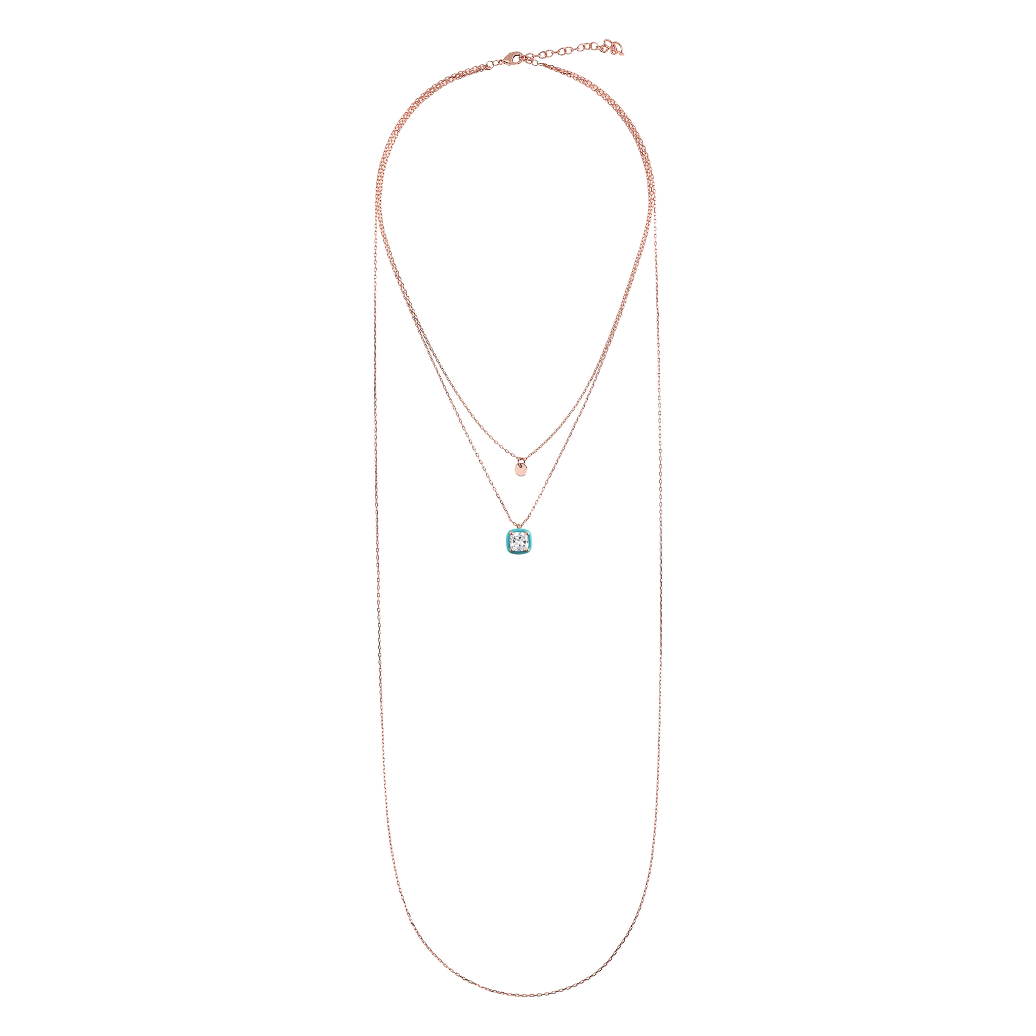 Collana Multifilo Catena Forzatina con Disco e Pendente Smaltato Azzurro con Cubic Zirconia Quadrata