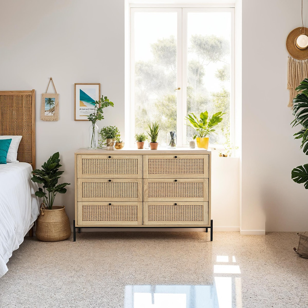 Commode 6 tiroirs en cannage et effet chêne - IRIS