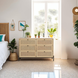 Commode 6 tiroirs en cannage et effet chêne - IRIS