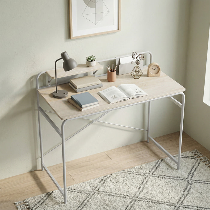 Escritorio, Mesa de Escritorio Moderno con Estante y Estructura de Metal, Fácil Montaje para Oficina en Casa, Dormitorio, Espacios Pequeños, 98x48x88,5 cm, Roble