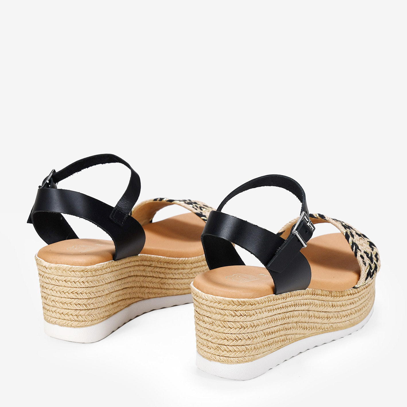Sandalias de piel negras con cuña efecto de esparto