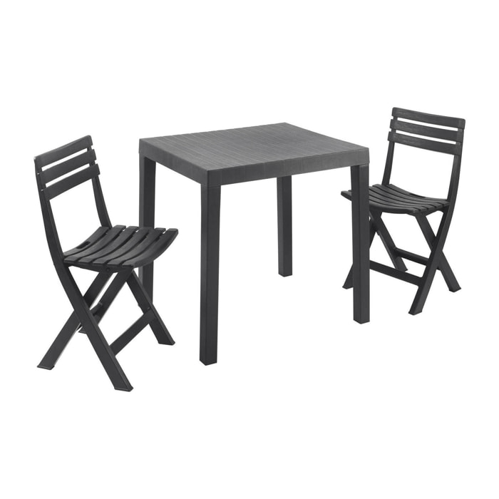 Set salotto da esterno Ortisei, Set da giardino con 1 tavolo rettangolare e 2 sedie pieghevoli, Set indoor e outdoor da Pic Nic, 100% Made in Italy, Antracite