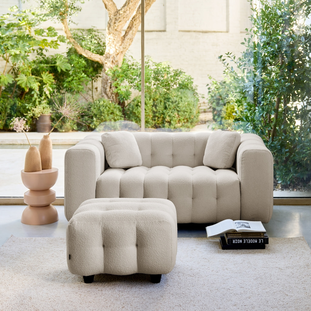 Pouf. module pour canapé. repose-pieds pour canapé 2 places en bouclette texturée beige L 69 x P 59 x H 48cm - Leon