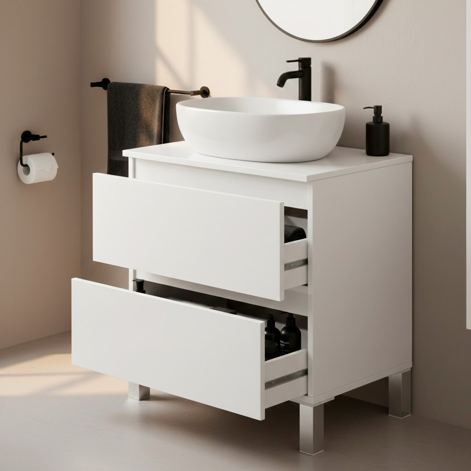 Mobile Bagno Sotto Lavabo Da Appoggio 2 Cassetti Salvaspazio Con Guide Metalliche E Gambe In Alluminio Design Moderno 63.5 x 60 x 40 Cm Bianco Lucido