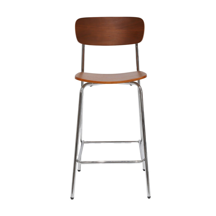 Lot de 2 tabourets de bar vintage contreplaqué avec placage bois effet noyer et pieds métal chromé L 42.5 x P 50 x H 94cm - Toby