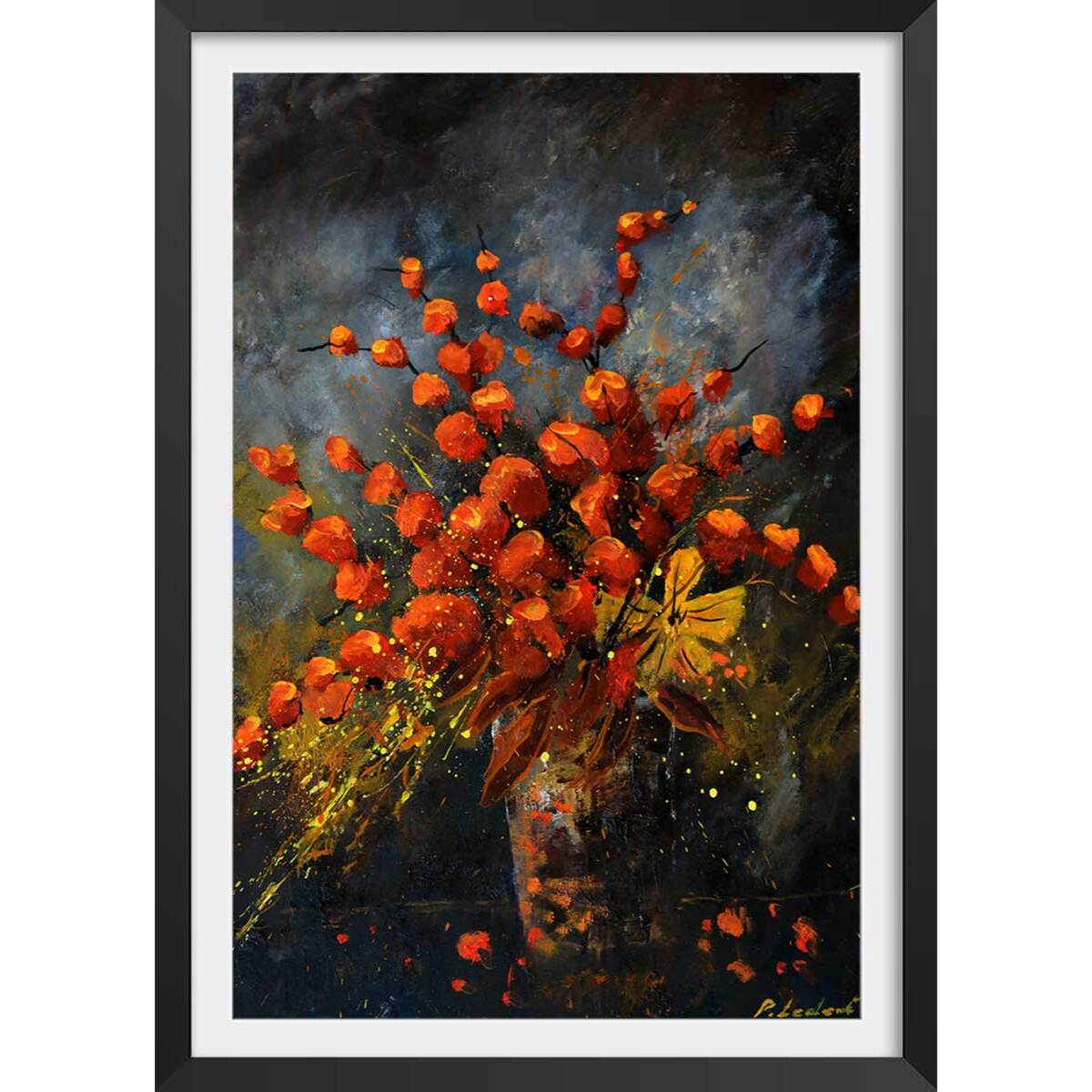 Affiche vase fleurs orange Affiche + cadre en bois - Noir