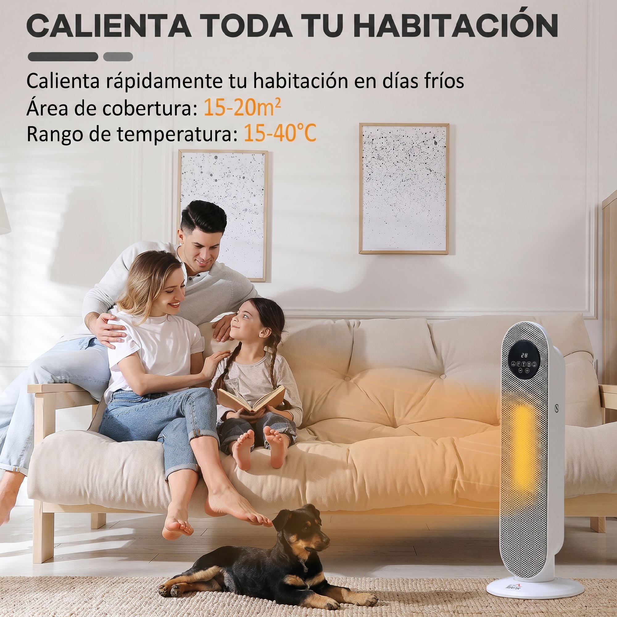 Calefactor Eléctrico Cerámico PTC, 2000W, con Control Remoto, 15–40 °C, Oscilación de 45°, Temporizador 12H, Protección contra Vuelcos y Sobrecalentamiento para 15-20 ㎡, Blanco