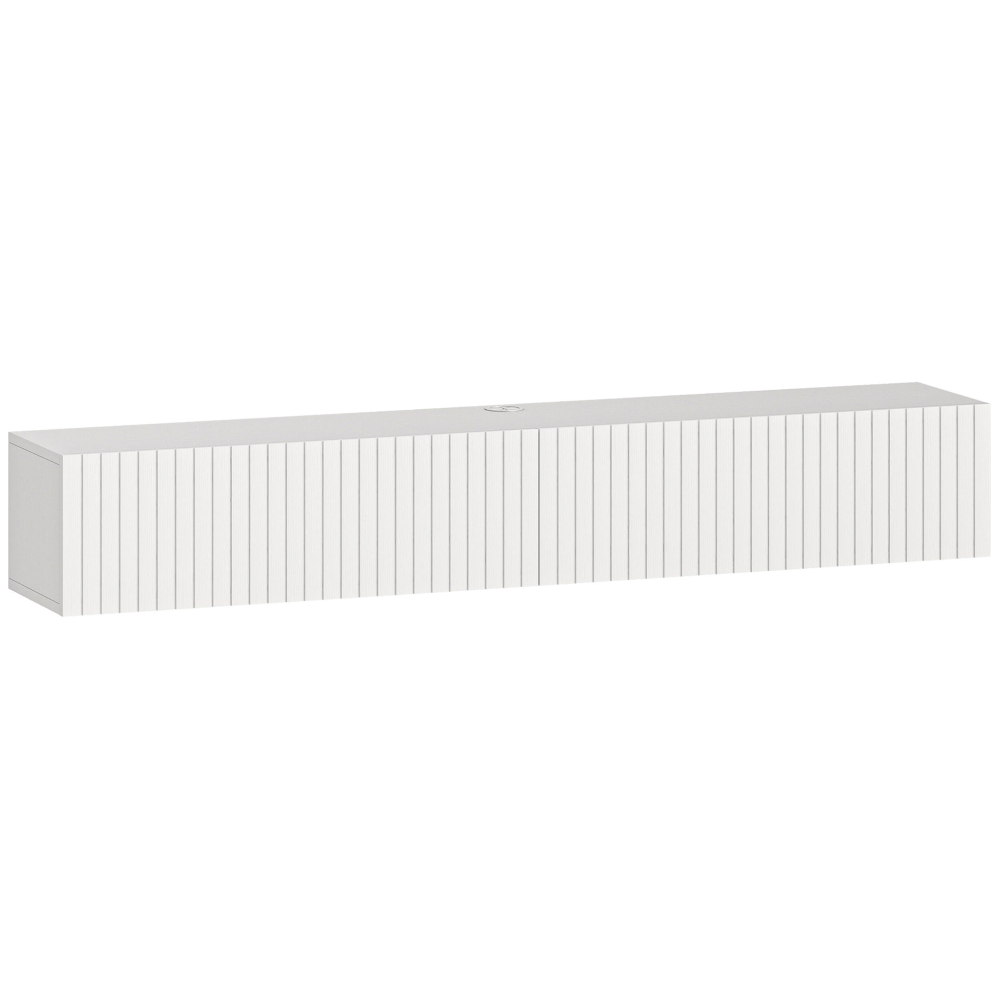 Meuble TV suspendu design façade effet bois cannelé 140 cm 2 portes abattantes blanc