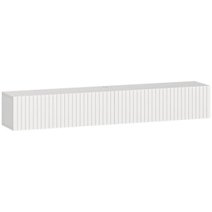 Meuble TV suspendu design façade effet bois cannelé 140 cm 2 portes abattantes blanc