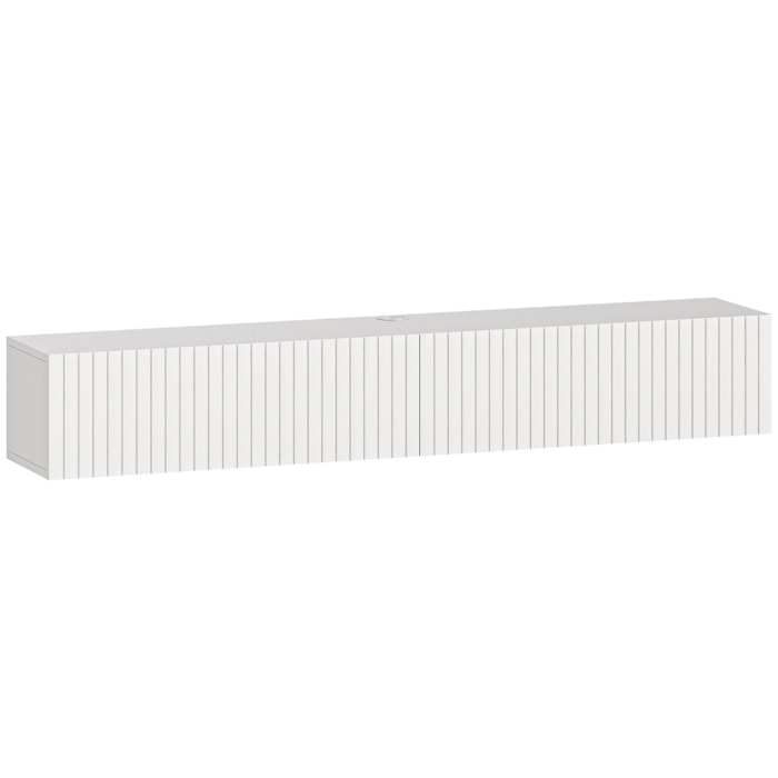 Meuble TV suspendu design façade effet bois cannelé 140 cm 2 portes abattantes blanc
