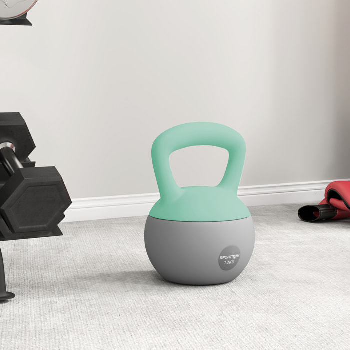 Kettlebell 12 Kg - prise ergonomique - entraînement musculaire & haltérophilie - PVC gris vert d'eau