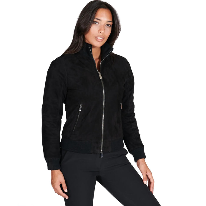 Bomber in pelle scamosciata nera collo in lana merino