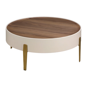 Mesa centro redonda en madera de MDF en beige y tapa de madera chapada en nogal natural 92x92x35cm