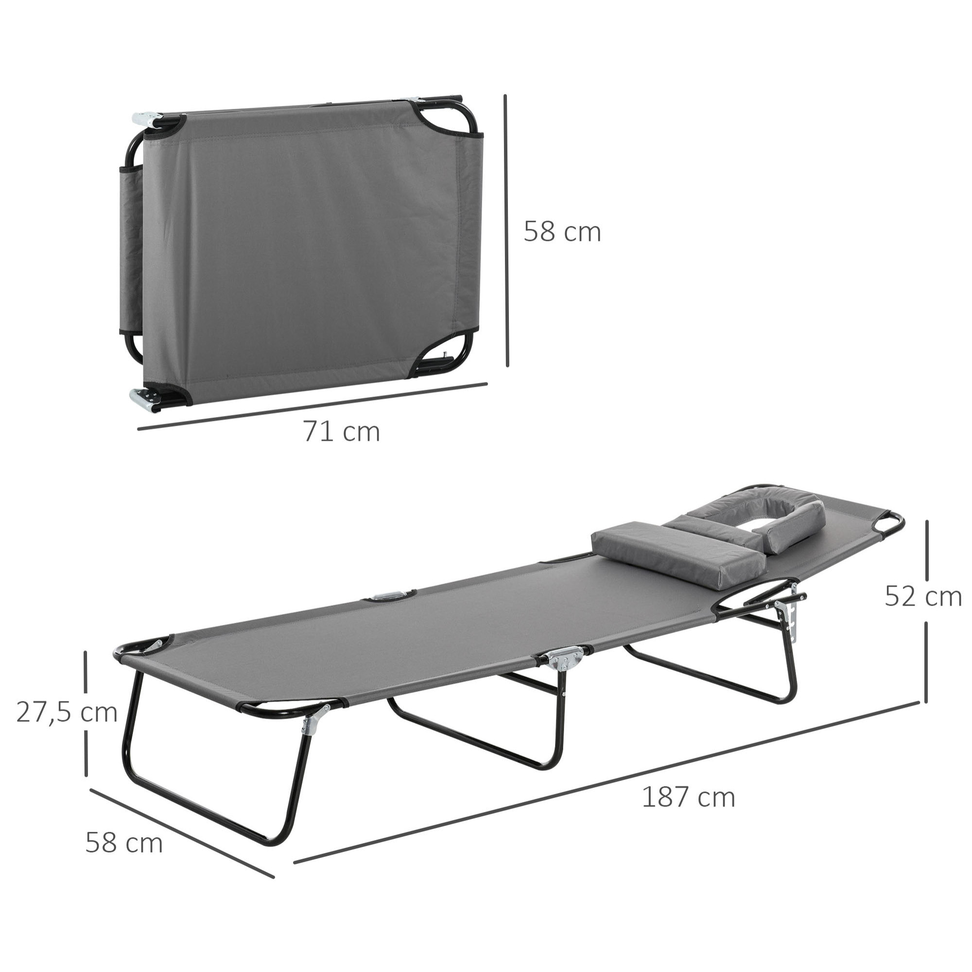 Bain de soleil pliable transat inclinable 4 positions chaise longue de lecture 3 coussins fournis gris