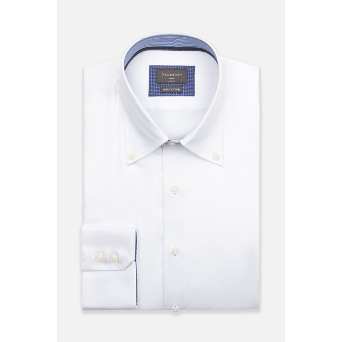 Camicia Uomo 2 Bottoni Button Down Slim Satin Unito Bianco