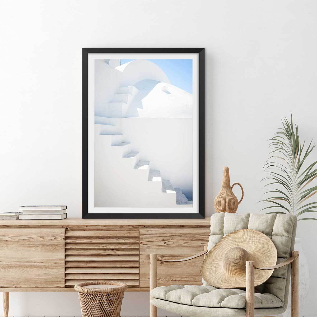 Poster escaliers sur oia Affiche + cadre en bois - Noir