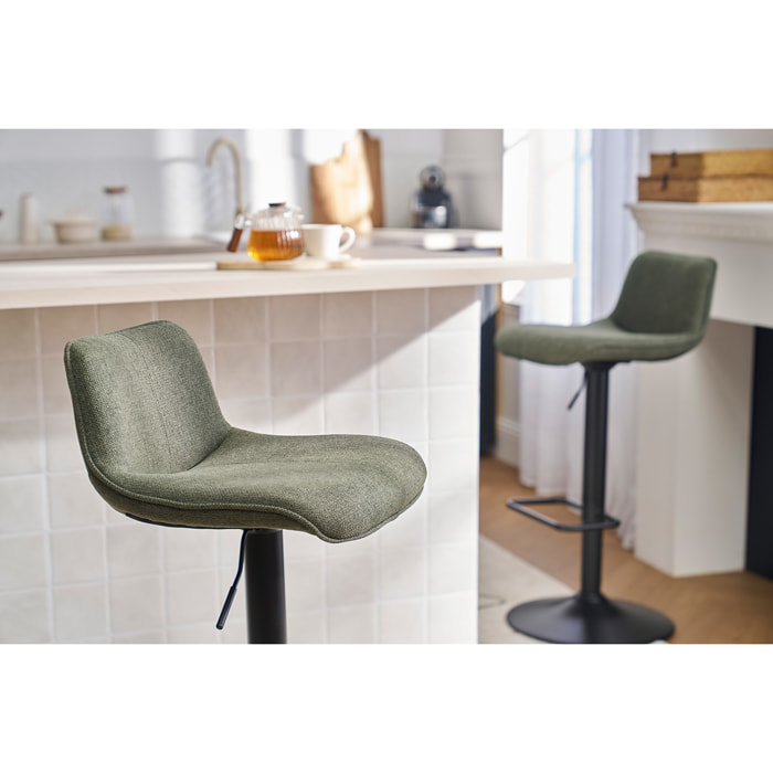 Tabourets de bar réglables pivotants 360° en tissu vert kaki et métal noir (lot de 2) BOOST
