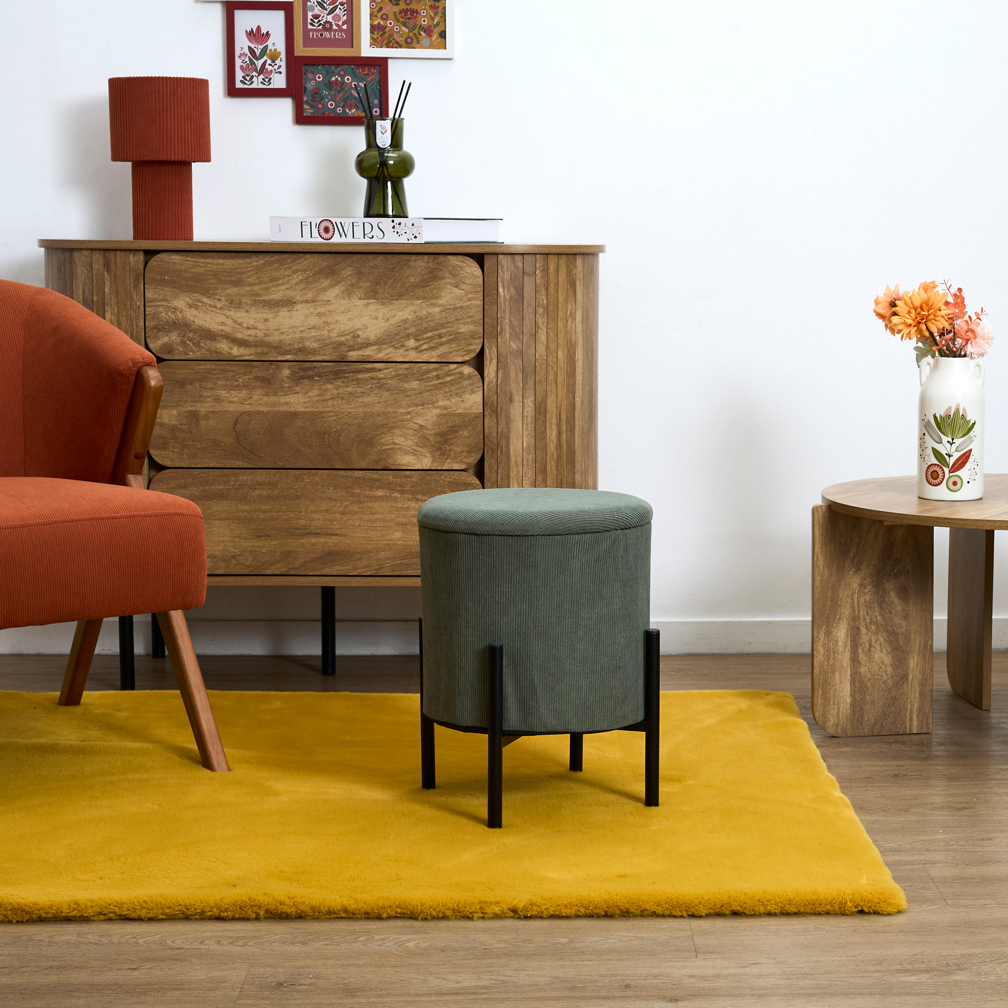 Lot de 4 Poufs - HOME DECO FACTORY - Jules - Rangement - Côtelé - Vert