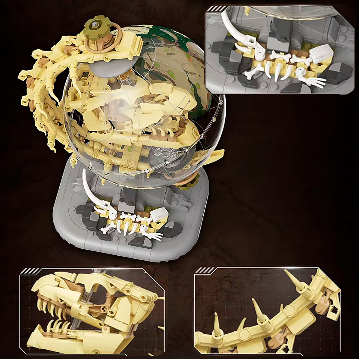 Maqueta educativa 1:8 de dinosaurio T.rex y globo terrestre prehistórico, con rotación 360°, luces y bloques para armar.