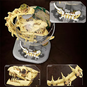 Maqueta educativa 1:8 de dinosaurio T.rex y globo terrestre prehistórico, con rotación 360°, luces y bloques para armar.