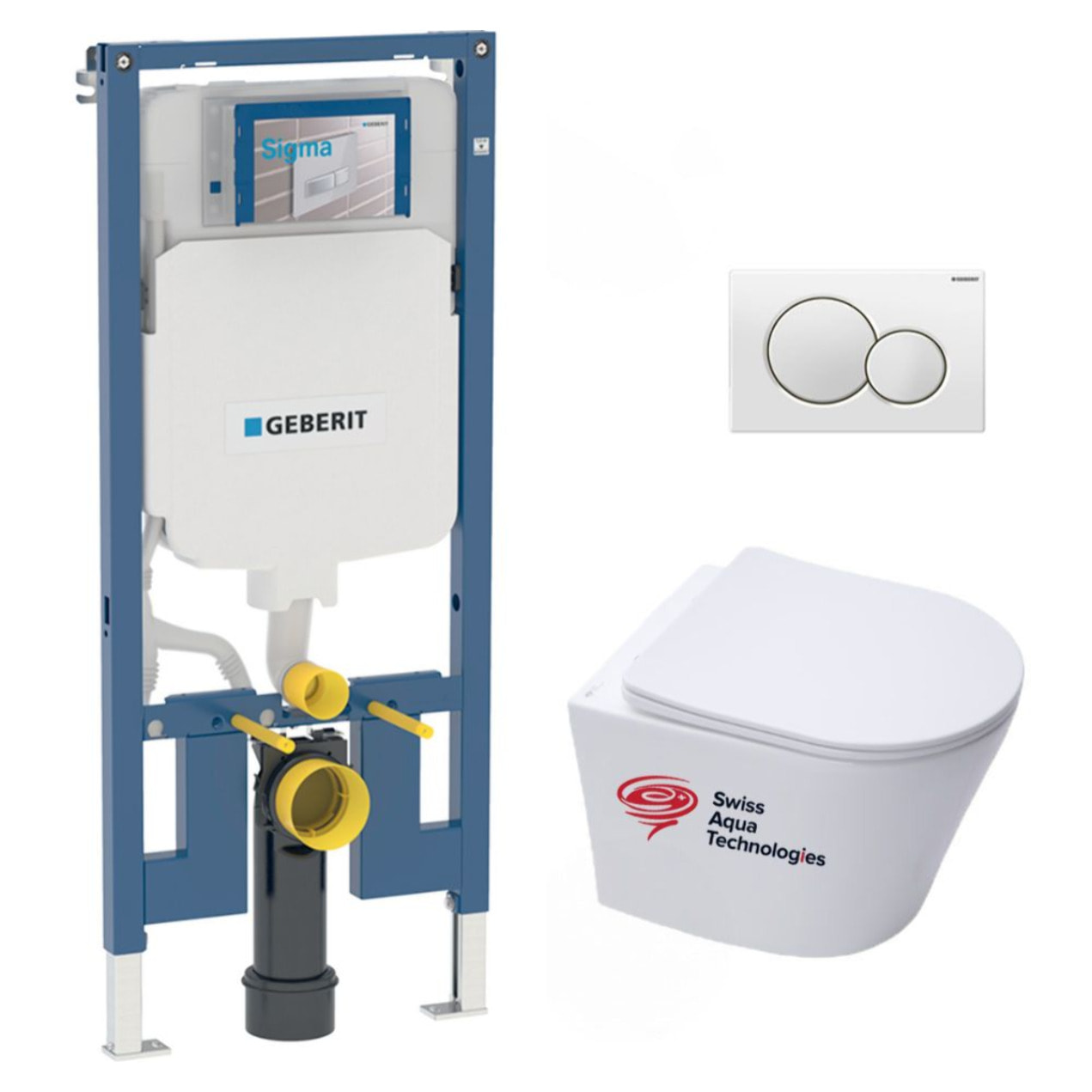 Pack WC bati-support Geberit + Cuvette Swiss Aqua Technologies sans bride + Plaque blanche (SLIM-INFINITIO-B)