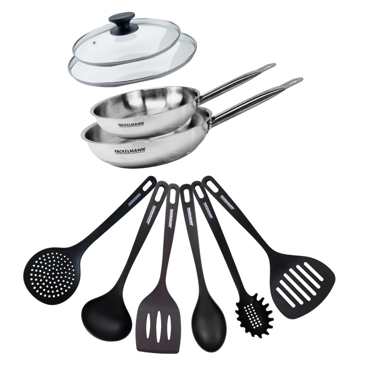 Set de 2 poêles en inox, 2 couvercles en verre et 6 ustensiles RPET Fackelmann Eterna