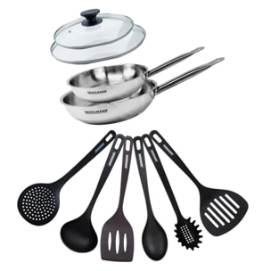 Set de 2 poêles en inox, 2 couvercles en verre et 6 ustensiles RPET Fackelmann Eterna