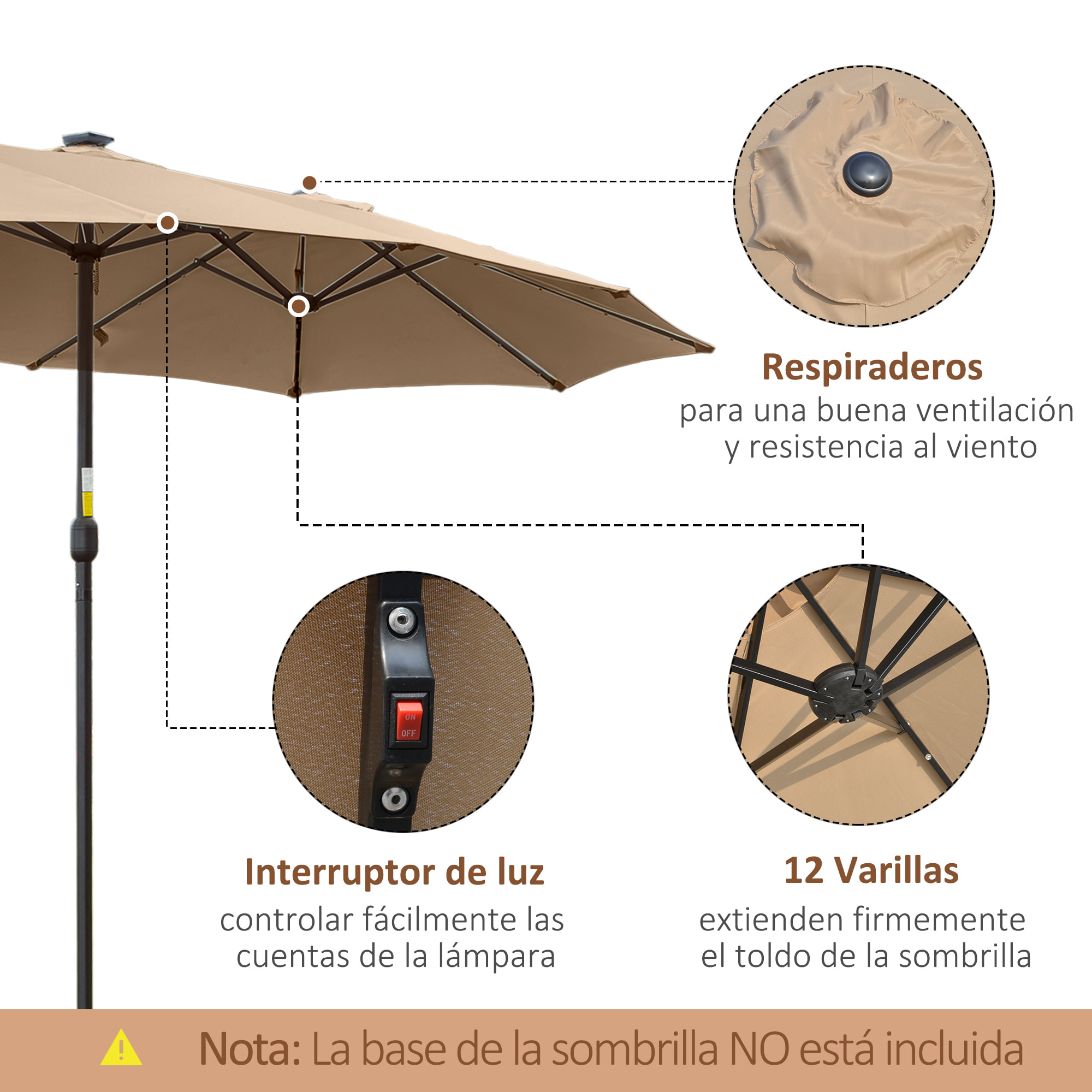 Sombrilla Doble Jardín con 48 Luces LED Solar 450x265x240 cm para Terraza Caqui