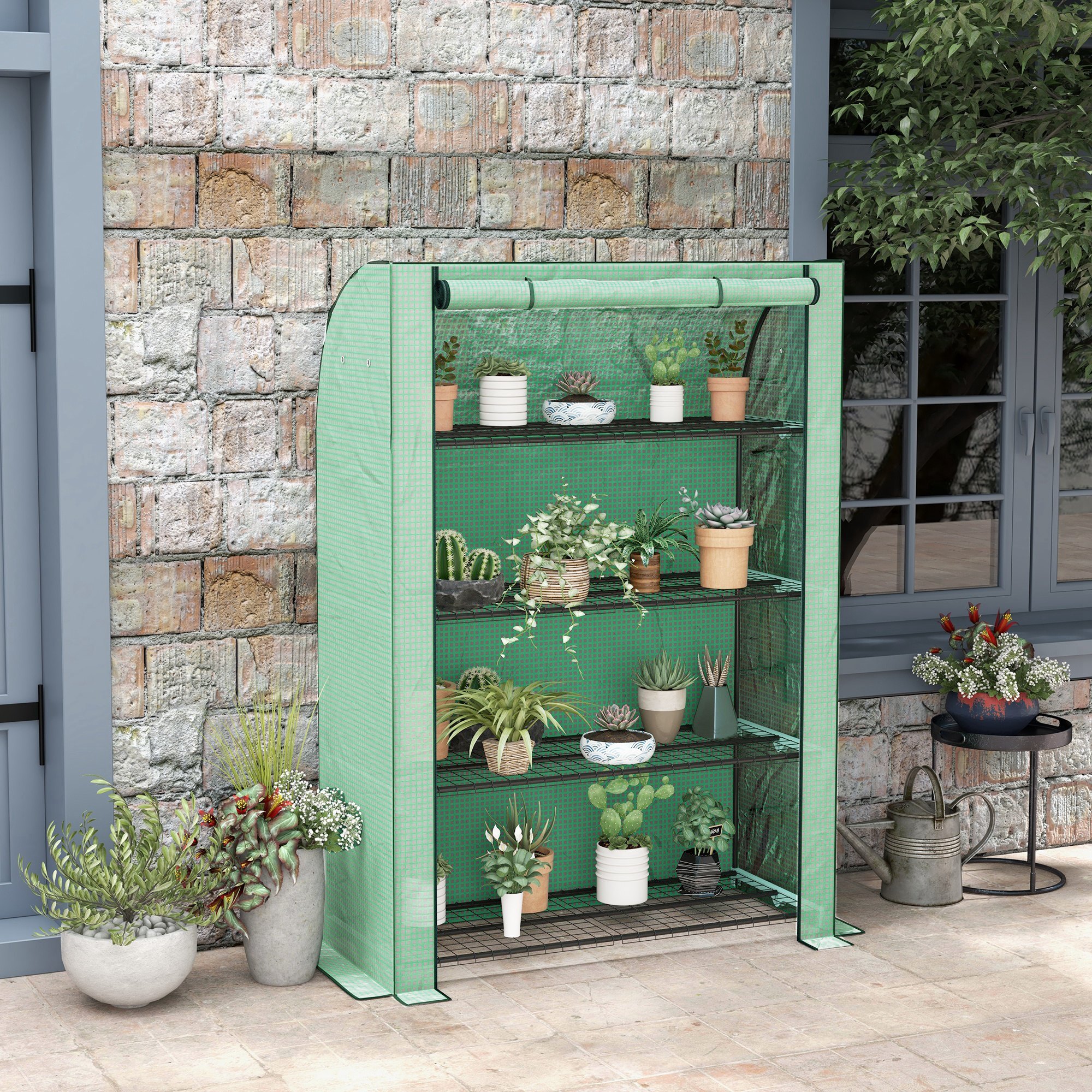 Mini serre de jardin serre de balcon serre à 4 étages avec châssis en acier & bâche en PE renforcée, intérieur et extérieur portable porte enroulable, 120 x 50 x 170 cm, vert