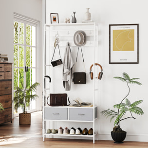 Perchero Zapatero Perchero Entrada Recibidor con Zapatero 8 Ganchos 2 Cajones de Tela Barra Estante de Malla Estilo Industrial para Pasillo Dormitorio Salón 80x30x180,5 cm Blanco