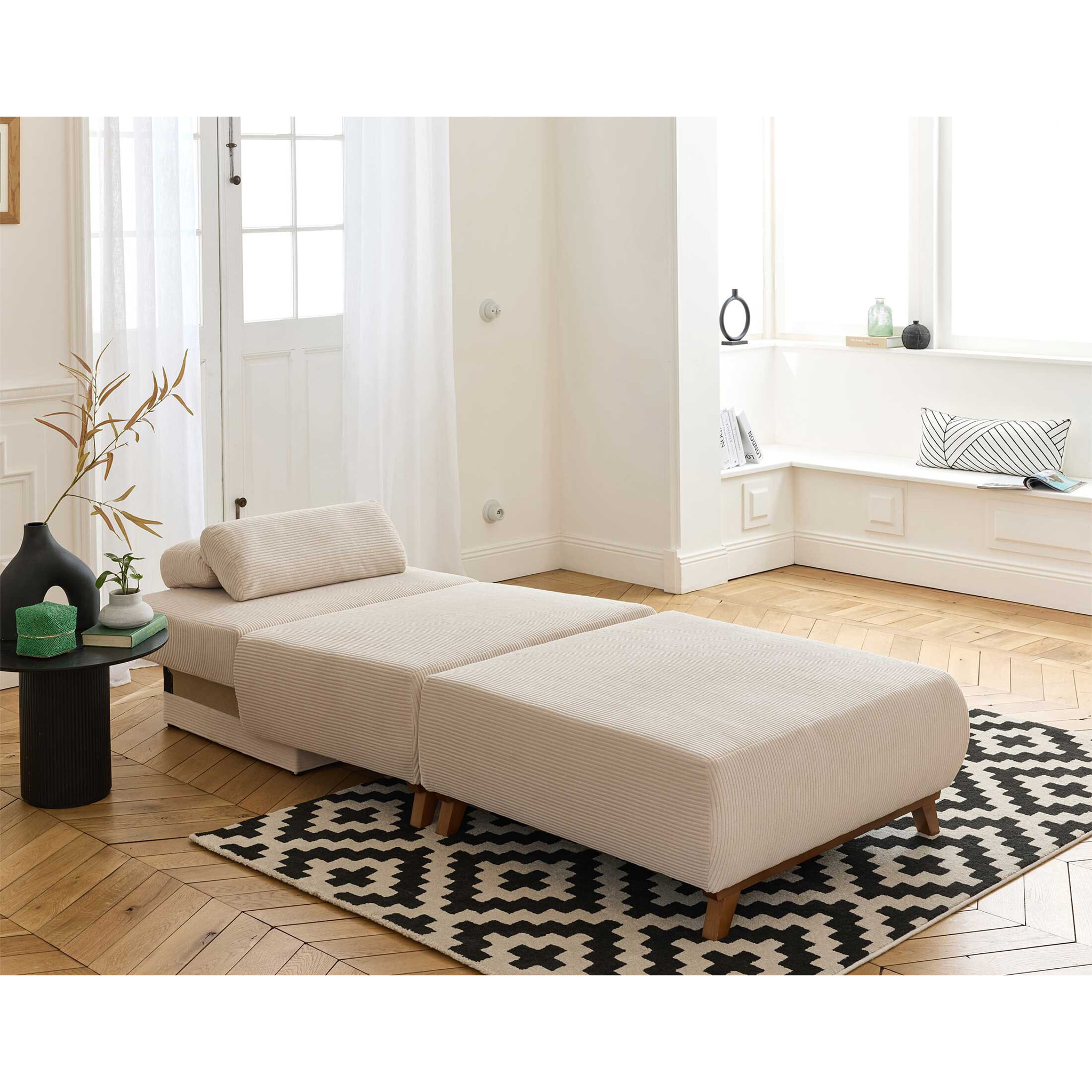 Cristal - fauteuil - convertible avec coffre et grand pouf - en velours côtelé - Beige