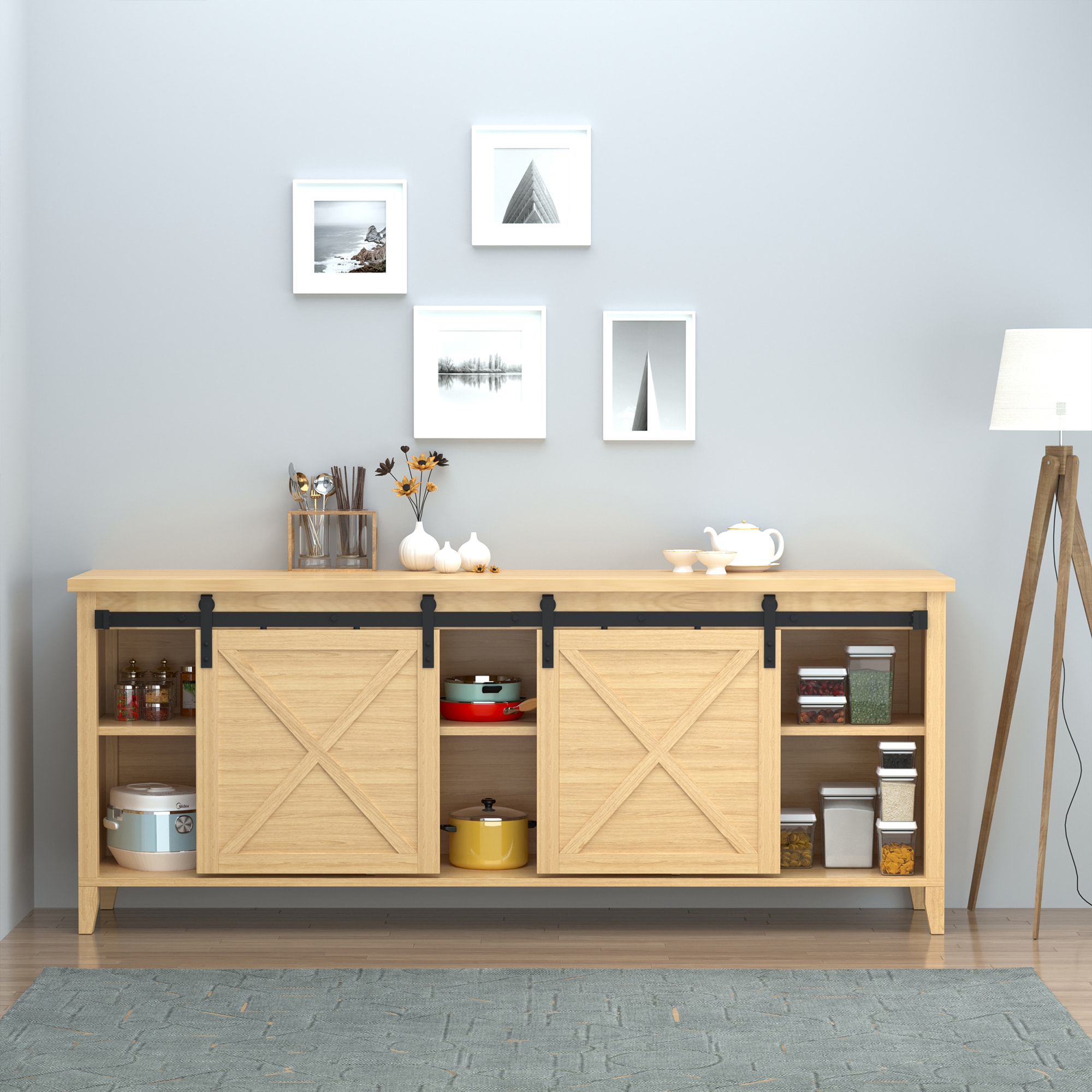 Herrajes Puertas Correderas 183 cm, Kit para Puerta Corredera Doble de Madera Ancho 45 cm, Mueble de TV, Armario, Acero al Carbono, Negro