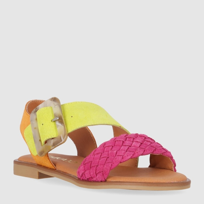 Sandalias de Serraje - Multi-Fucsia - Tacón: Bajo