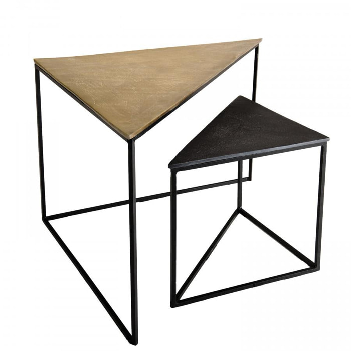 JONAS - Set de 2 tables gigognes triangles aluminium doré et noir - pieds métal noirs