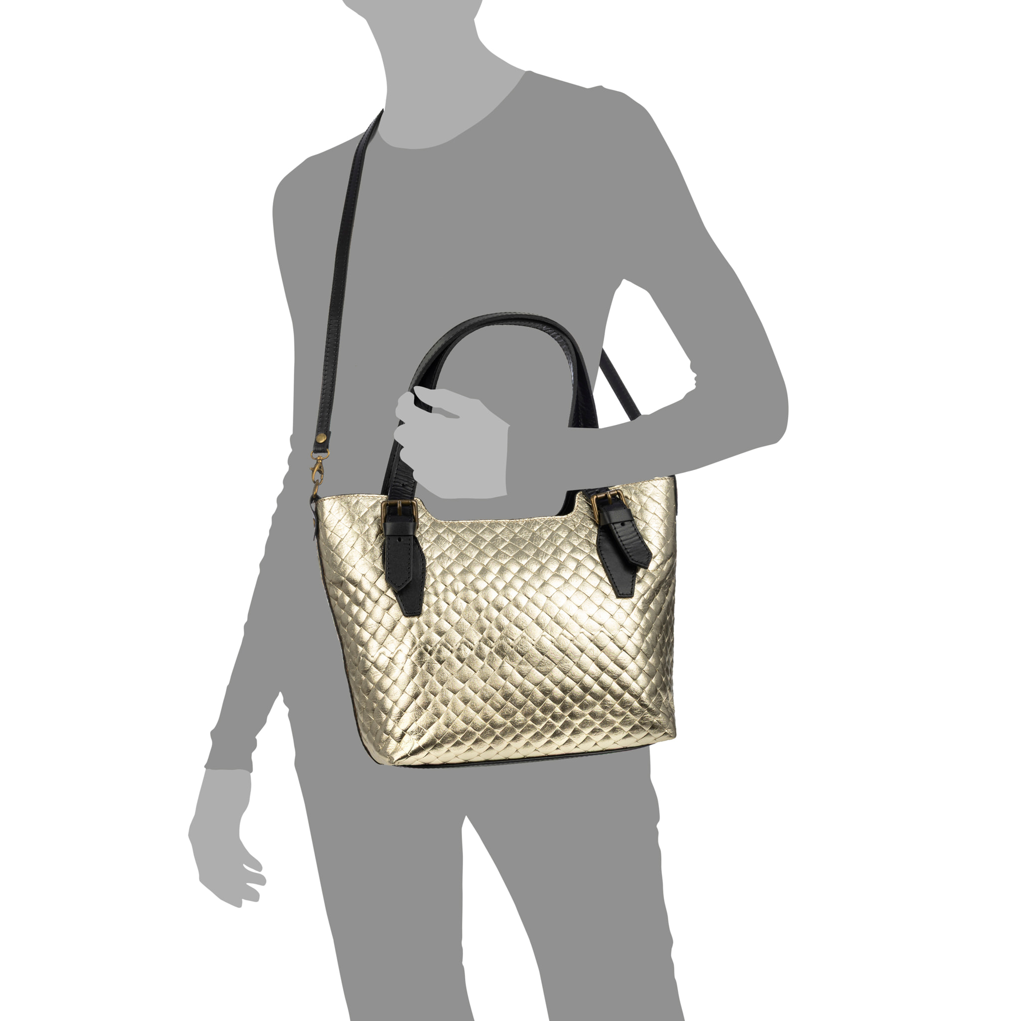 Arezzo borsa tote donna. Vera pelle camoscio con stampa intrecciata e lacca lucida.