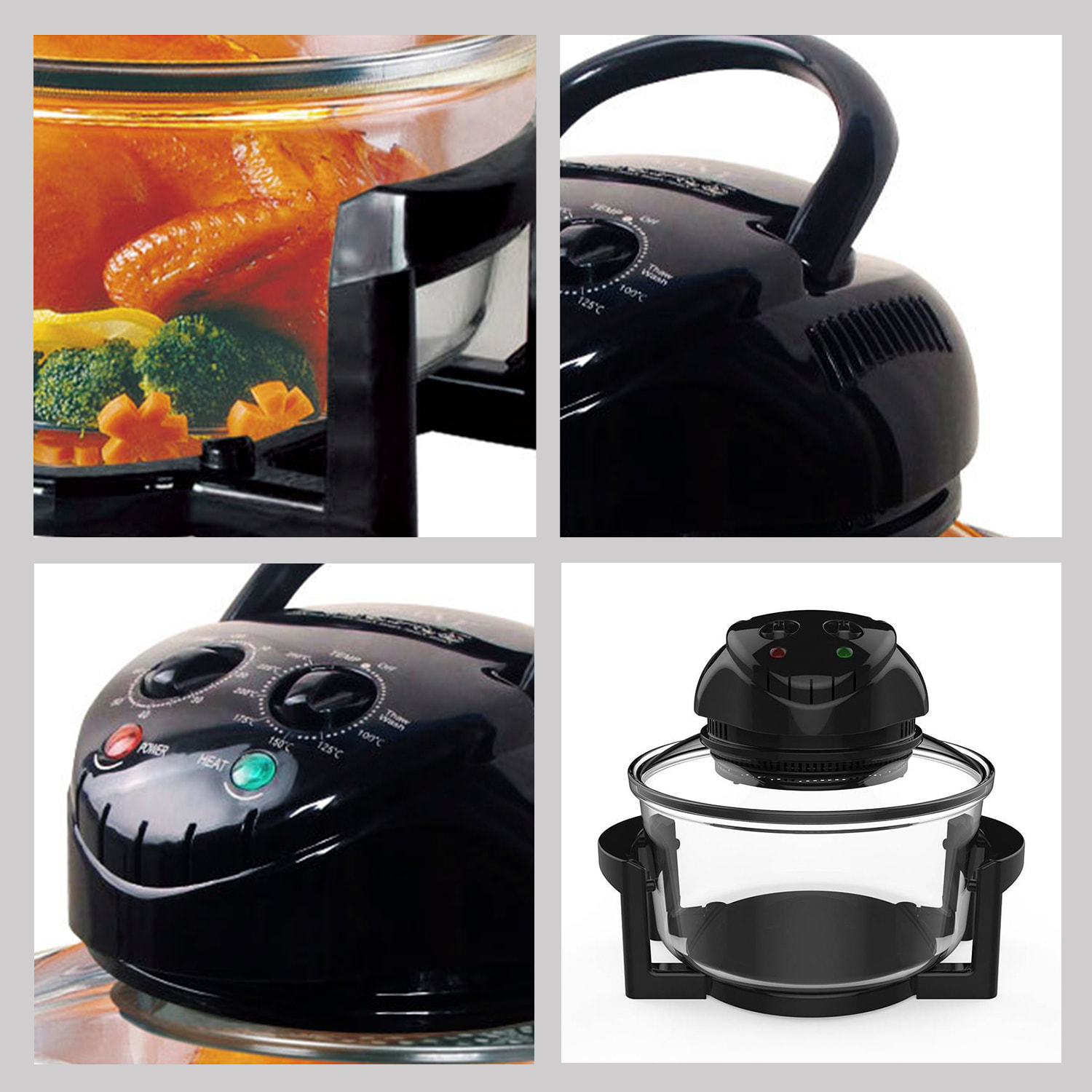 Freidora horno 6 en 1 convección 1400w, 13L. Multifunción freidora, vaporera, grill, pinchos... Bol de cristal con tapa, sistema de circulación de aire 360 grados.