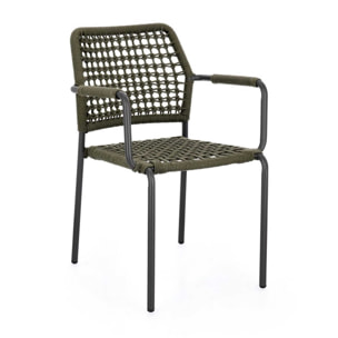 Set di 4 sedie con braccioli MIRANDA in alluminio antracite e corda verde, impilabili