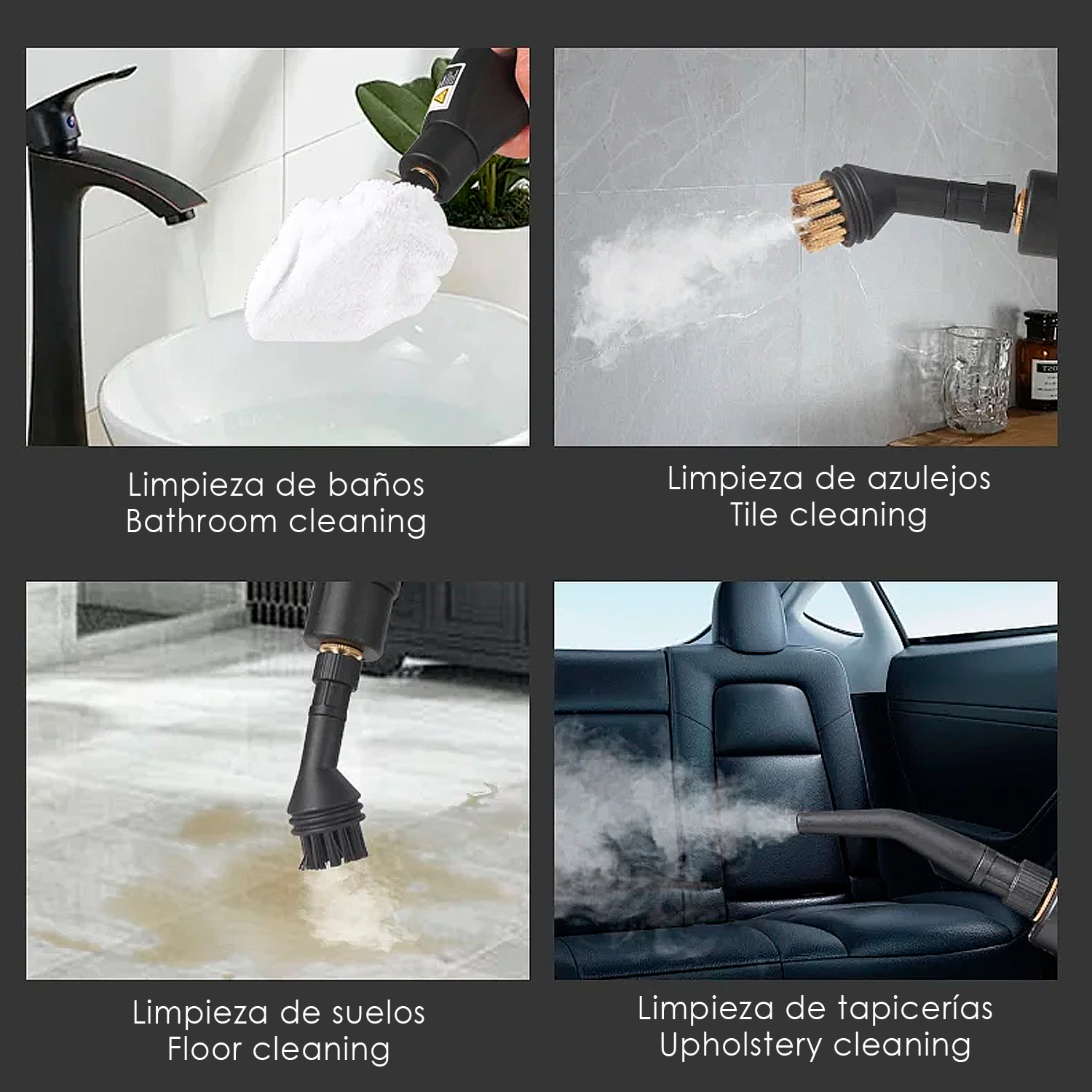 Limpiador de vapor de 2500W con vapor a 105°C y 3 bares de presión. Depósito de 900 ml con 6 niveles de vapor. Incluye 7 cabezales.