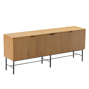 SCOTT - Buffet 4 portes décor effet bois rainuré noir et naturel