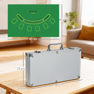 Juego de Póker Profesional, Maletín de Póker de Aluminio con 300 Fichas de 11,5 g, 2 Barajas de Cartas, 5 Dados, Tapete y Botón de Crupier, para 7-8 Jugadores con Cerradura, Plateado