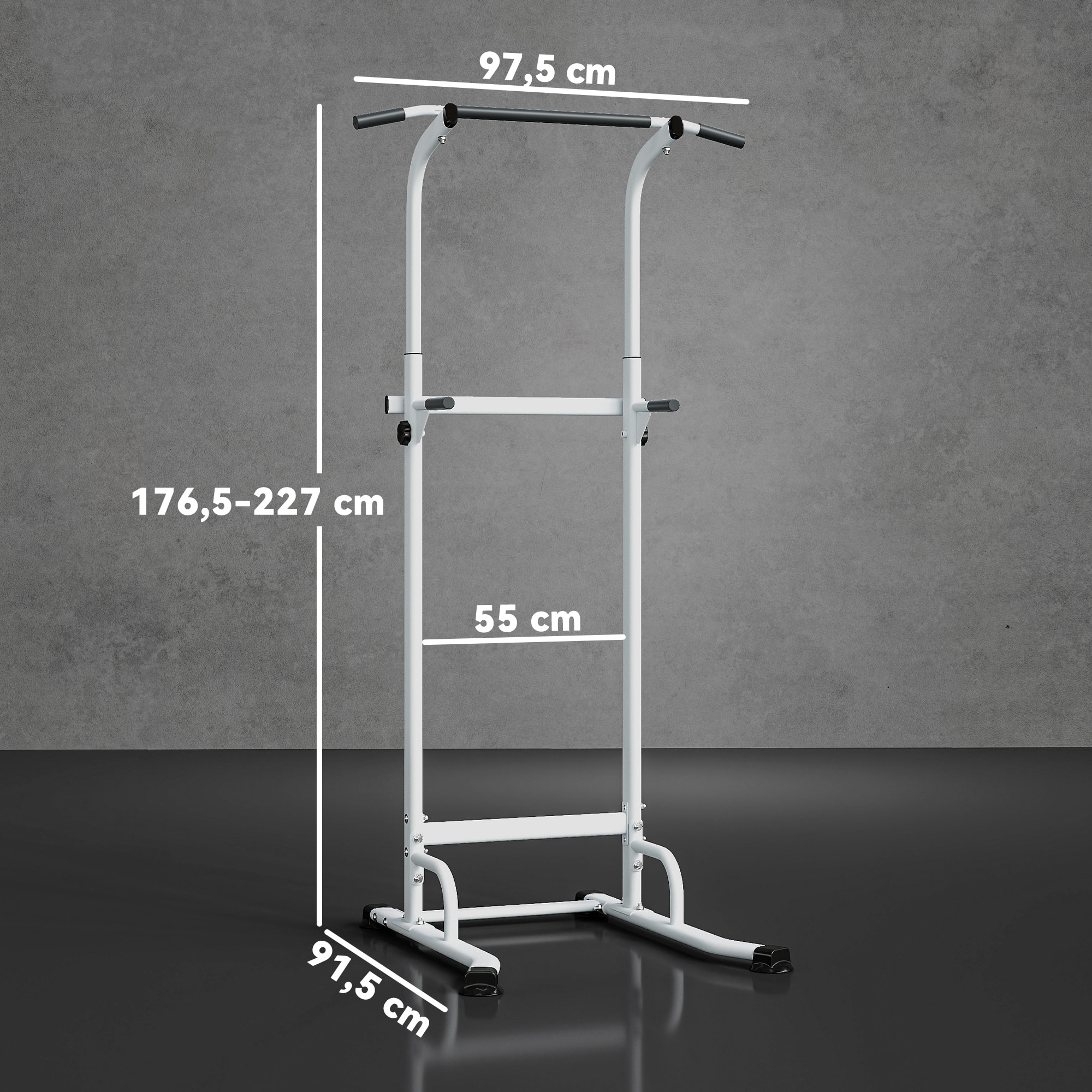 Station de traction et dips - barre de traction autoportante réglable H.176-227cm - acier blanc