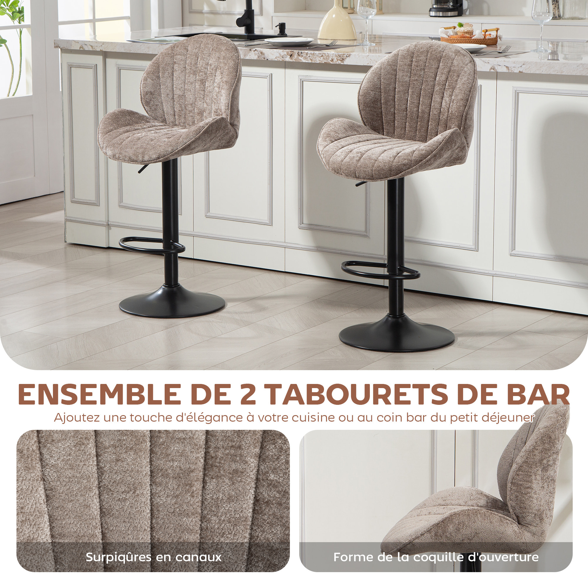 Lot de 2 tabourets de bar design coquillage pivotants réglables acier noir tissu chenille marron