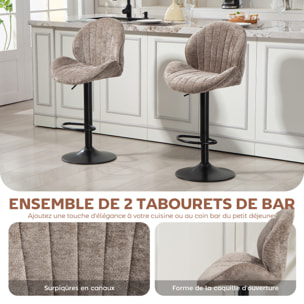 Lot de 2 tabourets de bar design coquillage pivotants réglables acier noir tissu chenille marron